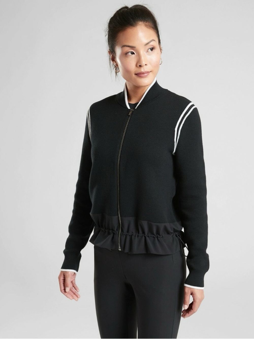 Athleta Venture Sweater Jacket Black White Bomber Ruffle Hem Small